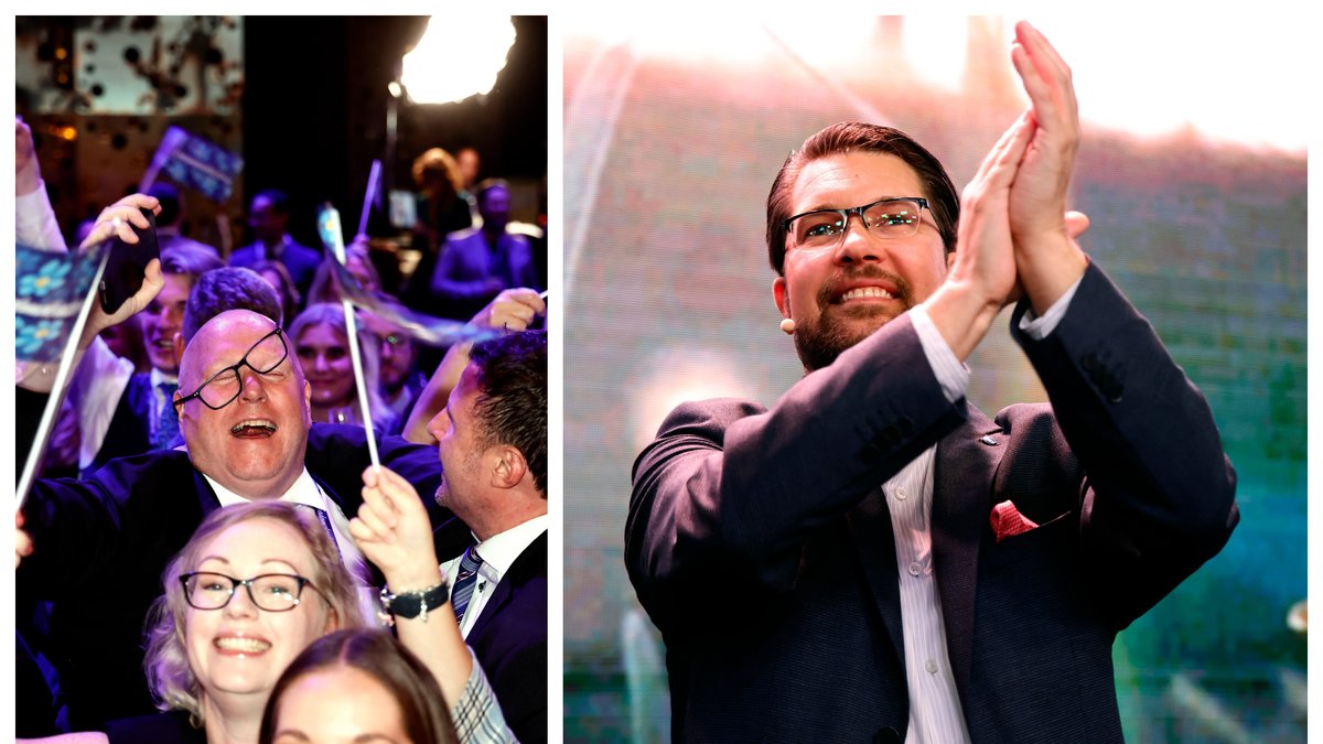 Jimmie Åkesson (SD) höll tal på Sverigedemokraternas valvaka.